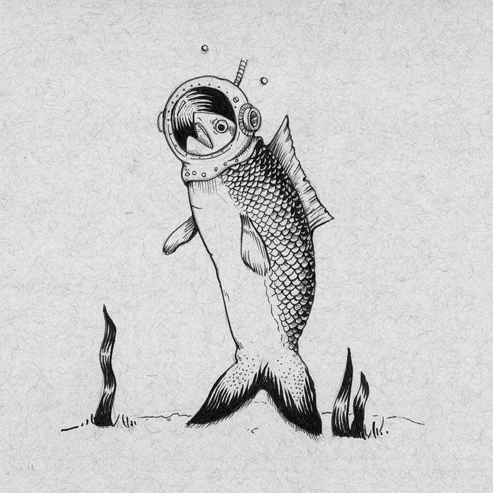 Illustration of a fish drowning wearing a diving helmet.