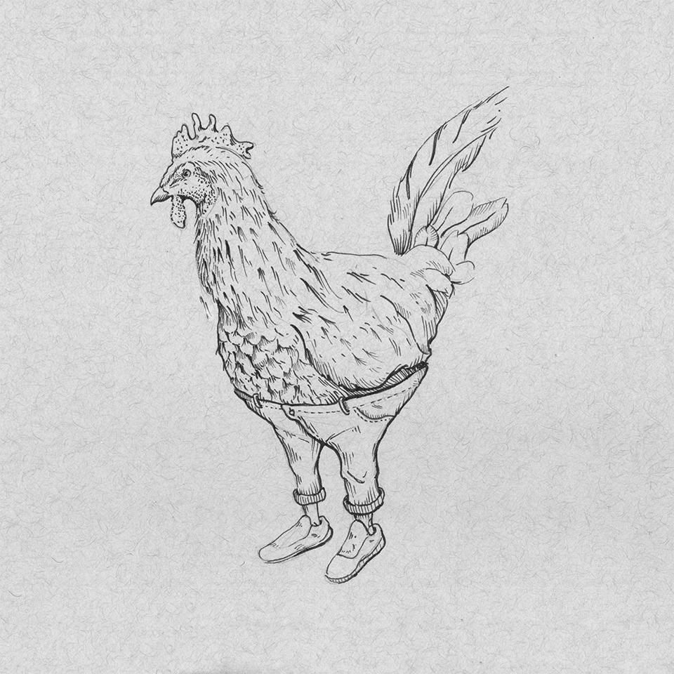 Illustration of a rooster wearing pants.