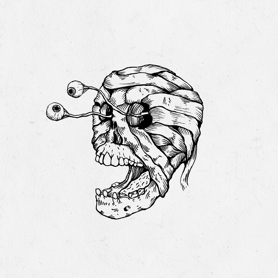 Illustration of a skull looking at itself.